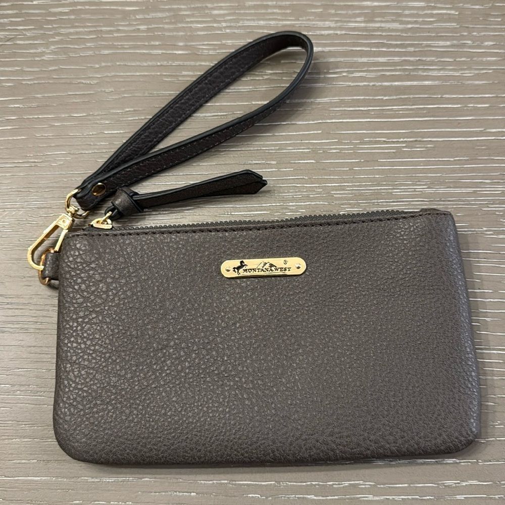 Montana West Clutch Wristlet Vegan Leather Olive Green/Brownish Top Zip EUC
